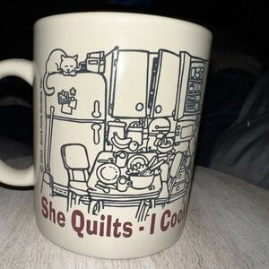 Vintage Novelty Couples Mug She Quilts I Cook Kitchen 2003 Block Party Studios